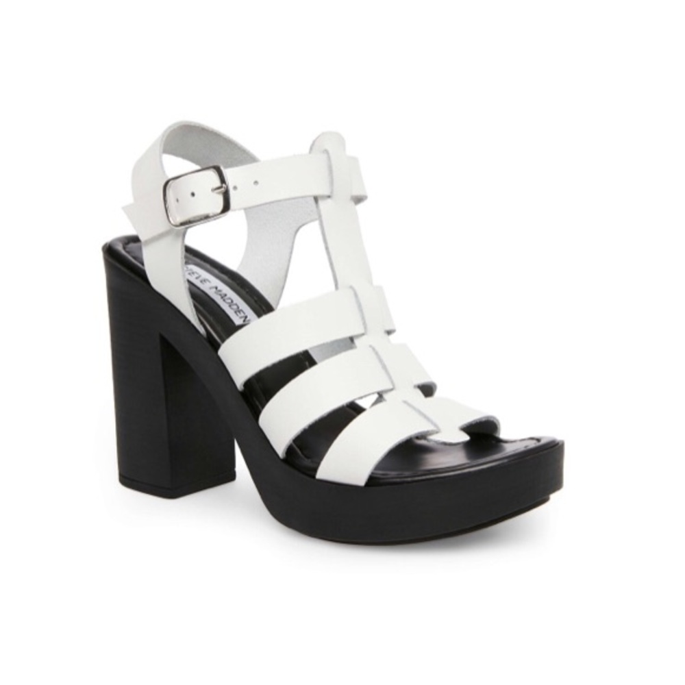 Steve Madden Lynetta White leather cage straps open toe black chunky high heel